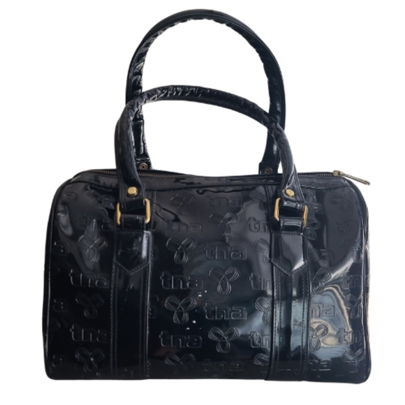 TNA Handbags - TNA Aritzia Tote Duffle Bag Puff Black Plastic Monogram 33005600 Travel FLAWED